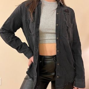 Distressed Washed Black Denim Button-up Shirt